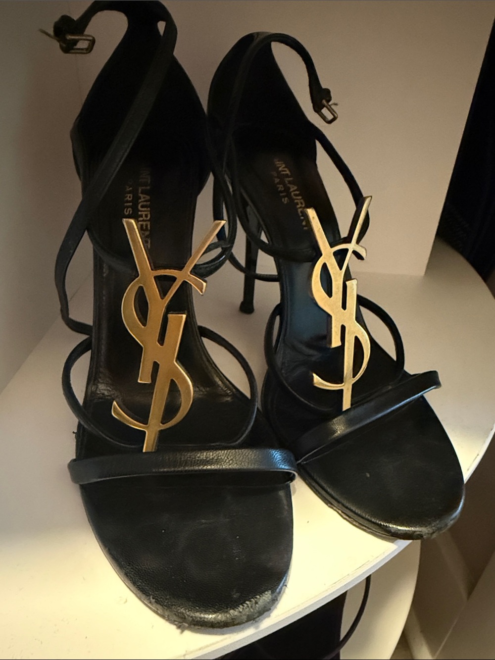 Saint Laurent Black Leather Gold YSL Logo Stiletto Sandals